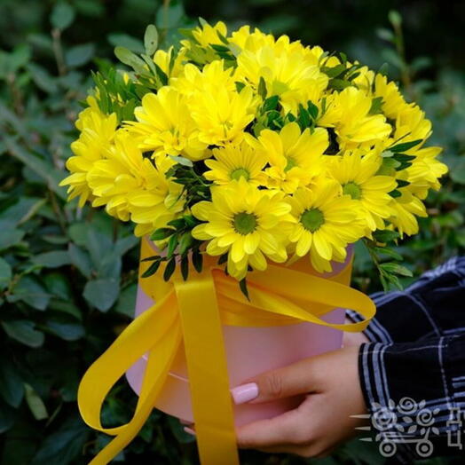 Arrangement of yellow spray chrysanthemums in the "Tiara" box