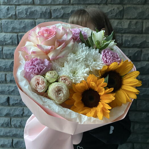 Букет яркое солнышко 🌻 подсолнух и розы
