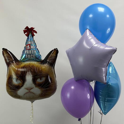 Воздушные шары шарики «Party Face» с недовольным котом и звездой — оригинальный подарок с юмором на День рождения
