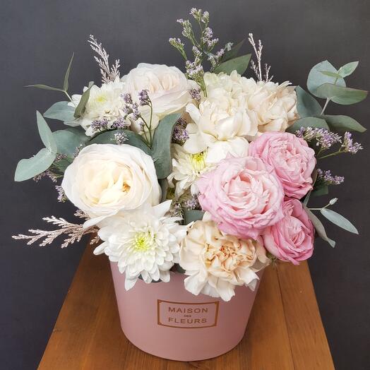 Flowers in a pink box, with a fragrant White Ohara rose. MAXI