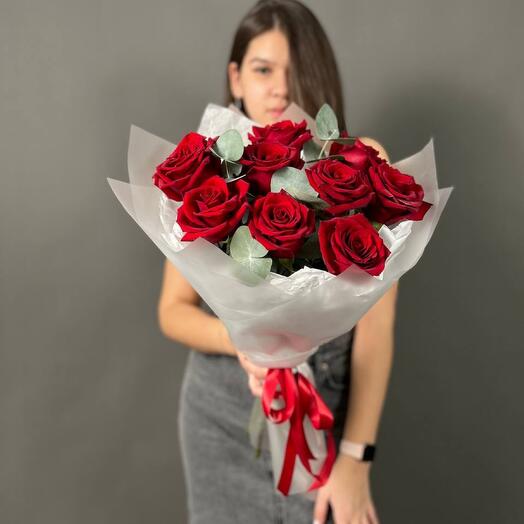 9 roses with eucalyptus