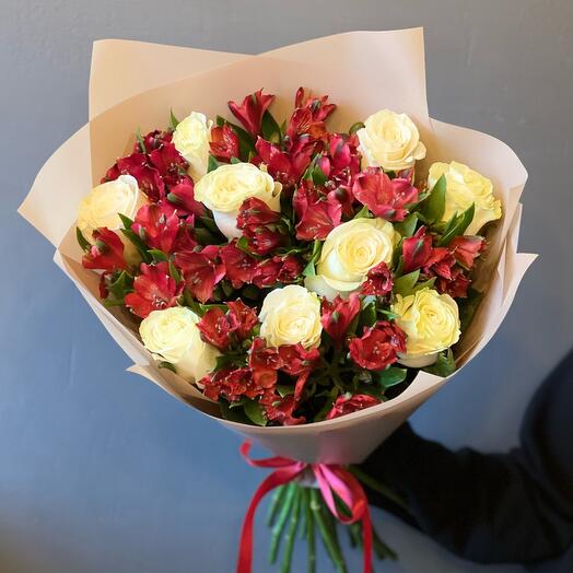 Beautiful bouquet of white roses and bright alstroemeria "Clio"