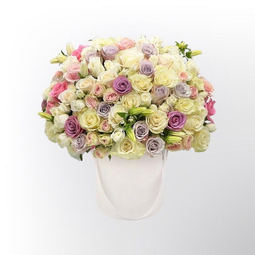 Luxurious Lily and Rose Symphony: White, Pink, and Purple Roses with Lilies in a White Elegance Box -1