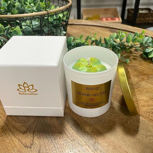 Highly Scented Candle with "Island Nectar" Aroma in 10 oz Glass Jar and Giftable Box