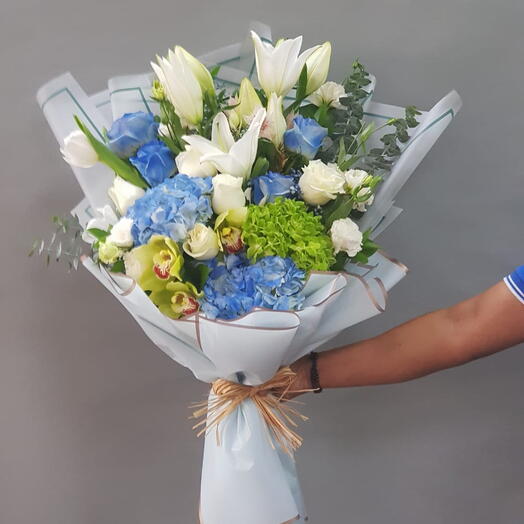 Serene Sky Garden Symphony: Blue   White Hydrangeas, White Lily, Blue   White Roses, and White Estoma