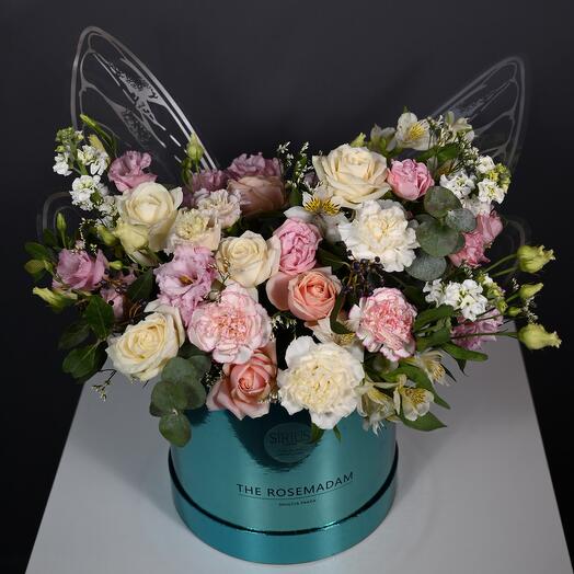 WOW Butterfly flower arrangement with roses, carnations and eustoma