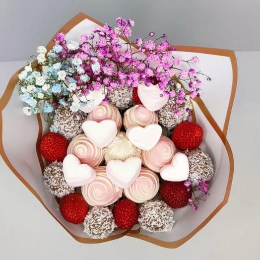 Chocolate-covered strawberry bouquet with rainbow gypsophila