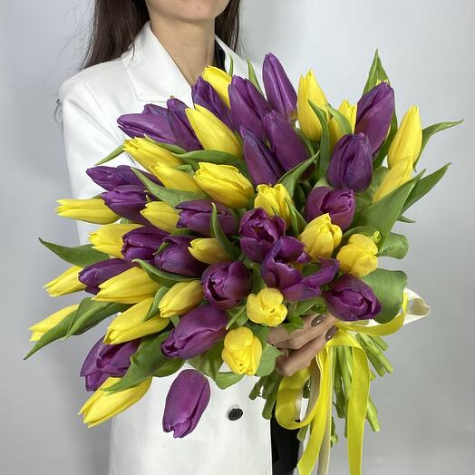 Желтые и фиолетовые тюльпаны