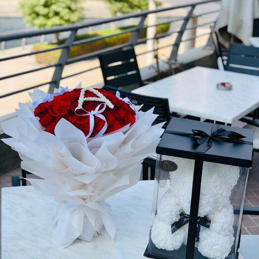 Elegance red bouquet and white foam teddy