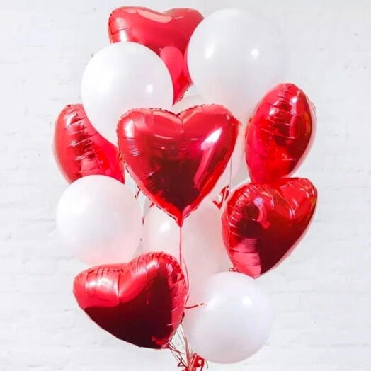 Набор воздушных Шаров гелий 16 штук белый, красные сердца. Set of helium balloons 16 pcs white, red hearts