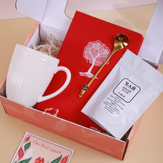 Подарочный набор с ежедневником, кружкой и чаем. «Тепло с заботой»