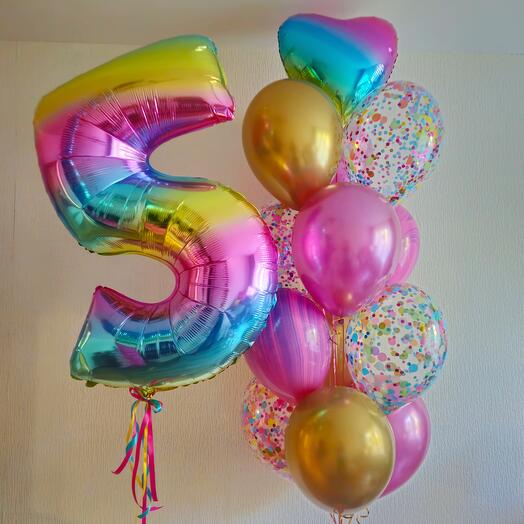 Набор шаров на 5 лет девочки, дочки розовые хром,конфетти разноцветные и агаты мраморные, радужные, цифра 5-14 шаров