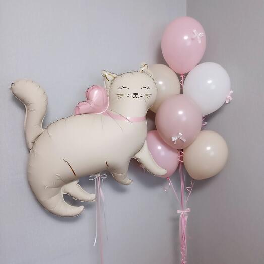 🎈 Нежный набор с фольгированной кошечкой и шарами в пастельных тонах