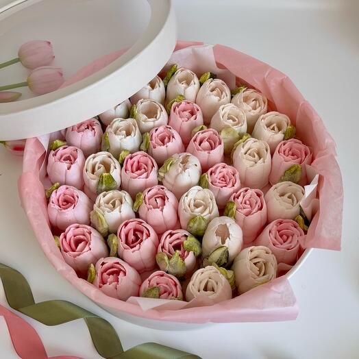 Большой букет из зефира пионовидных тюльпанов в подарок на день рождения, маме, девушке