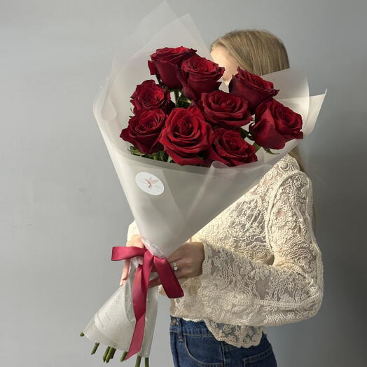 Монобукет 9 бордовых роз 70см