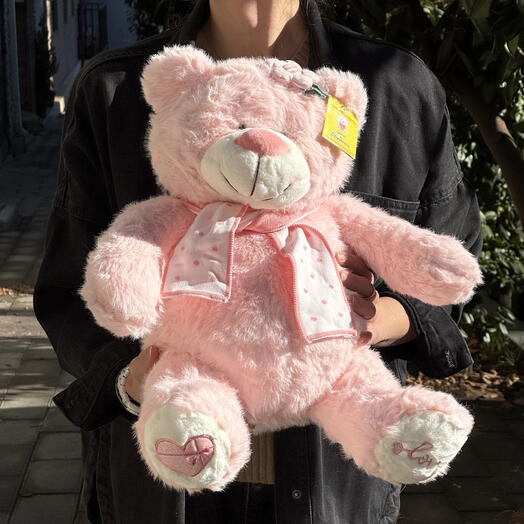 Мягкая игрушка плюшевый медведь розовый в белом шарфе. Soft toy Teddy bear pink in white scarf