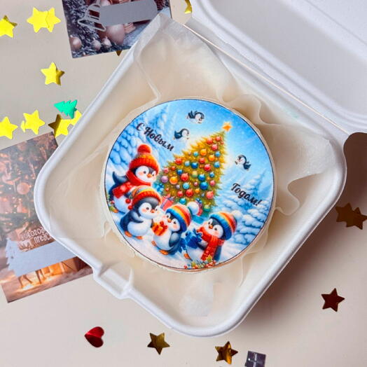 Новогодний бенто торт с вафельной картинкой пингвины