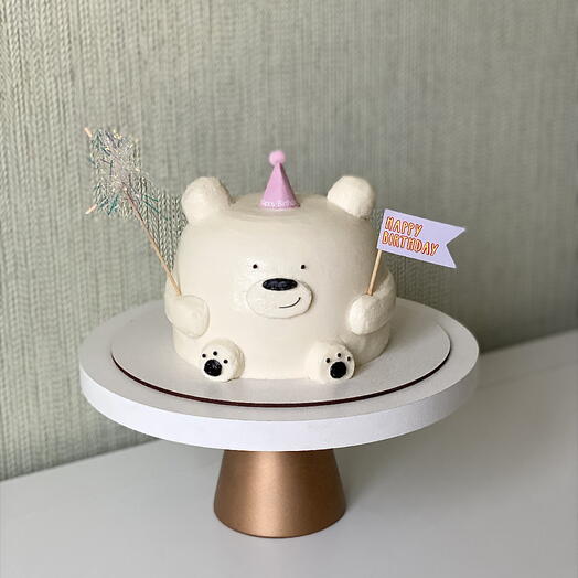 3д торт мишка на день рождения с розовым колпачком и надписью happy birthday, с двумя топперами