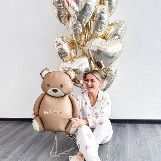 Шары шампань сердца с мишкой на день влюбленных