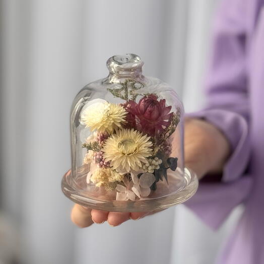 Сухоцветы в колбе, клош, стабилизированные цветы в колбе, декор