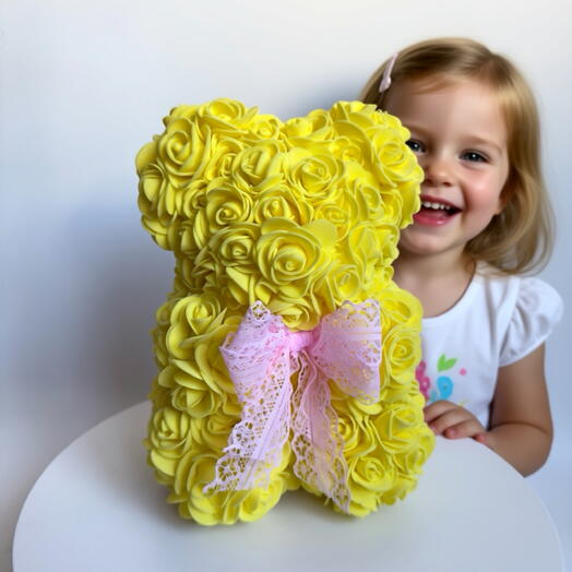 Мишка из роз фоамирана Желтый с кружевным бантом — Rose Bear, подарок девушке