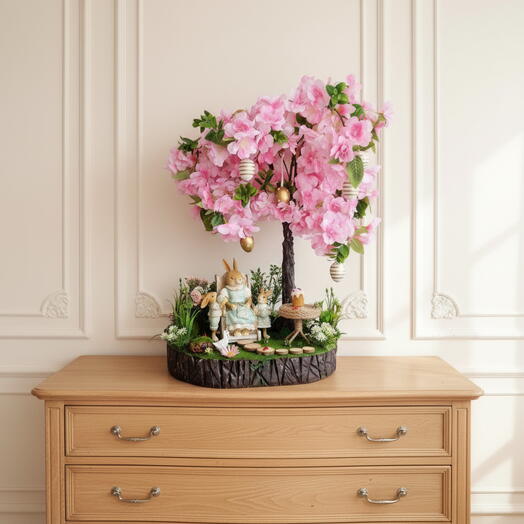 Пасхальная композиция с зайцами и деревом сакуры