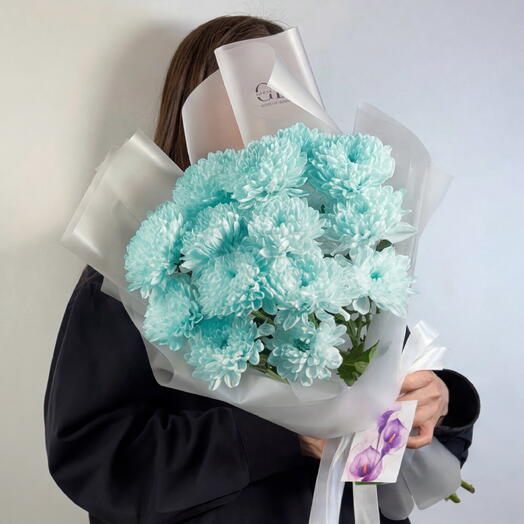 Букет из 5 кустовых голубых хризантем для девушки, жены, мамы, сестры, подруги, коллеги, мужа, парня от Гранд Депо (дофаминовый)