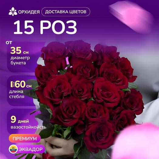 15 Роз красных 60 см