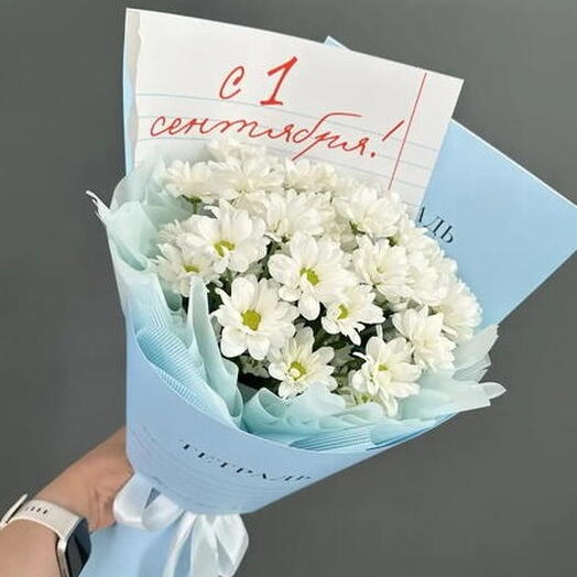 Белые хризантемы в букете "С 1 Сентября"