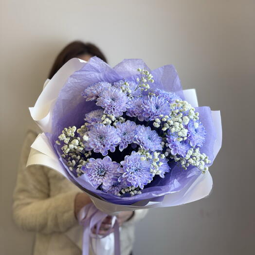 Дуобукет лиловый 💜 Хризантема и гипсофила