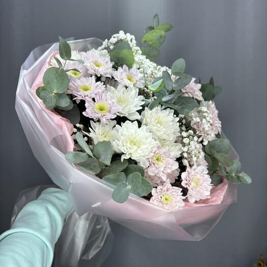 Большой букет с кустовыми хризантемами в упаковке 🌸😻