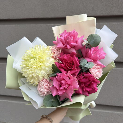 Букет «Летний коктейль» 🍹🌸 французская Роза, диантус и стойкая пышная хризантема 🌿