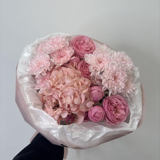 💗розовый букет bloom room роза,хризантема и гортензия
