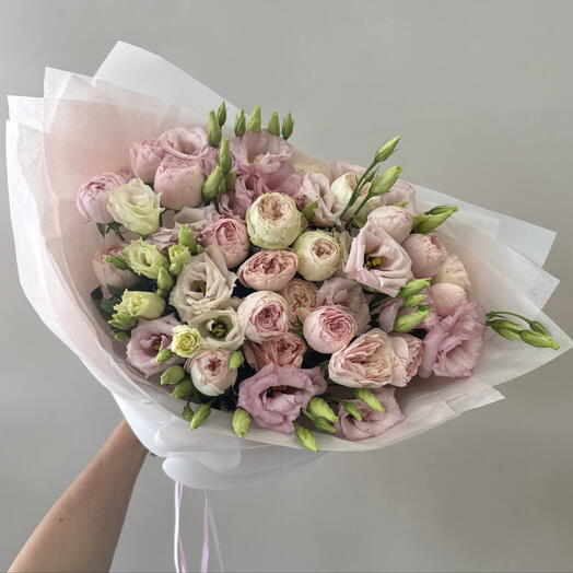Пионовидная Роза Менсфилд парк и розовый лизиантус💞сборный букет