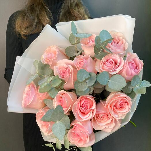 Розовые Розы и Эвкалипт_15