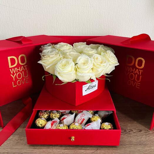Roses and chocolates in a box