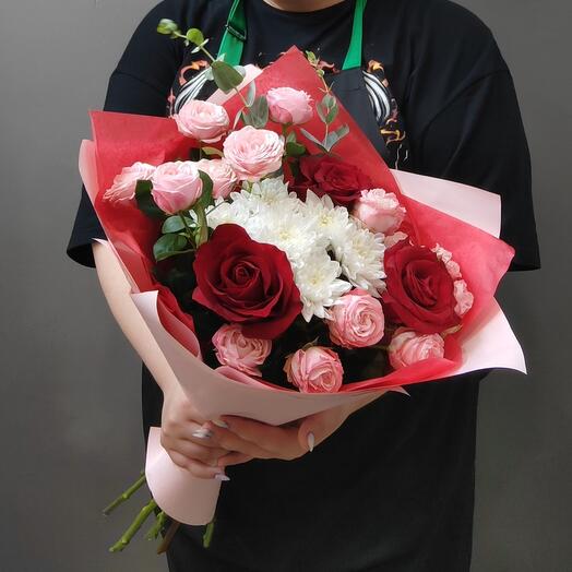 Bouquet "Scarlet flashes" with red roses, chrysanthemum and peony-shaped bush roses