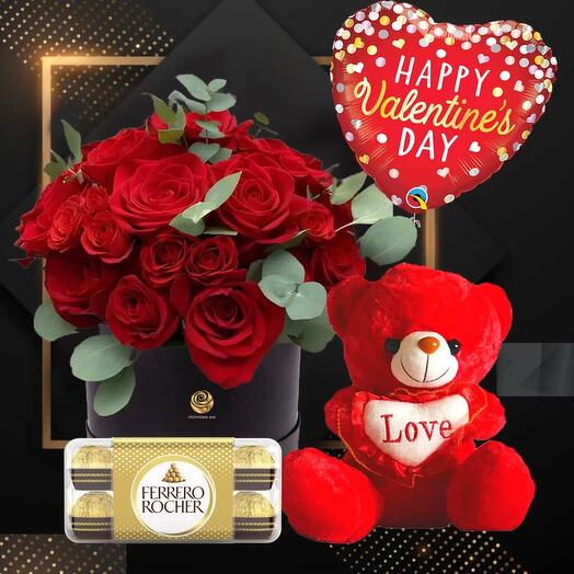 Red Roses Box with Red Teddy. Valentine Foil Balloon and Rocher Ferroro