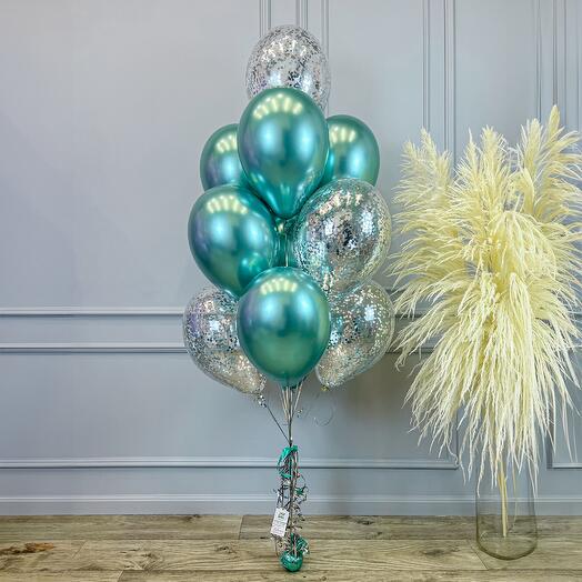 Красивые Воздушные шары / Бирюзовые шары (Тиффани) + Прозрачные шары с конфетти / Набор 10 шаров на грузе / N105