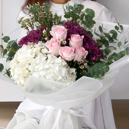 Fresh from the Farm Purple Chrysanthemum, Hydrangea with Pink Rose Bouquet