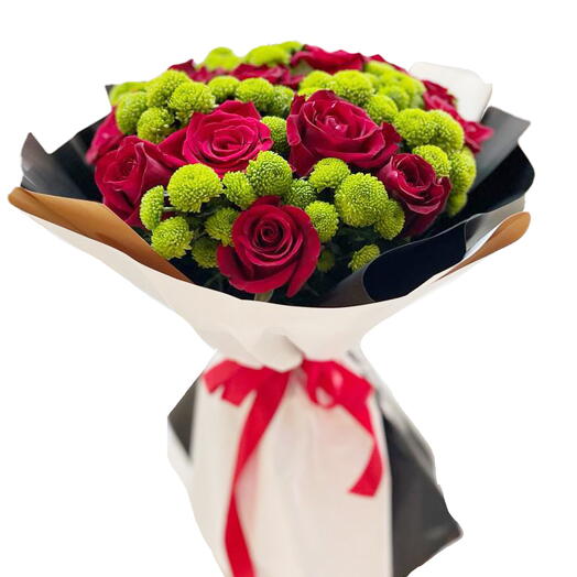 Elegant Bouquet 10 Red Roses and 10 Chrysanthemums with Green Base