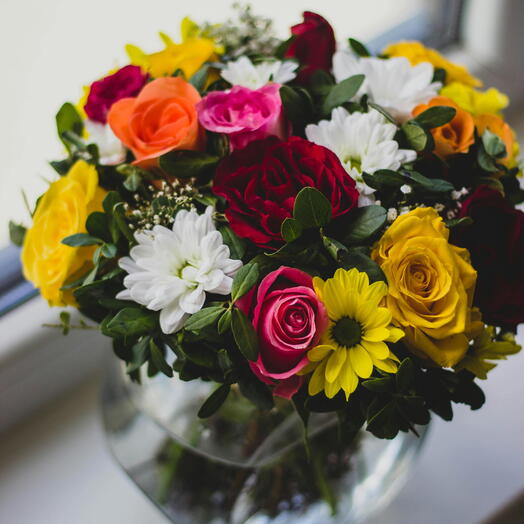 My Own: A Colorful Bouquet of 3 Pink Roses, 3 Yellow Roses, 3 Red Roses, 3 Orange Roses, and 6 Stems of Crescent Mums