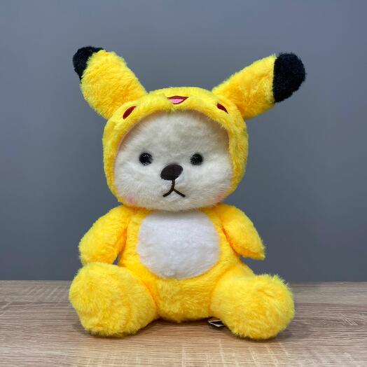 Игрушка Мишка в костюме Пикачу в капюшоне бело-жёлтый h=22 см
