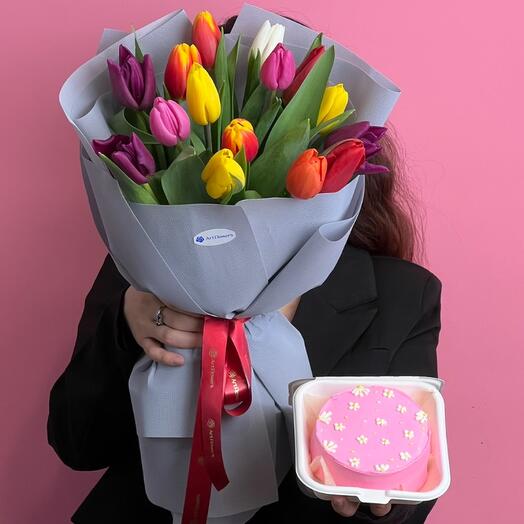 Сет 15 тюльпанов и бенто торт