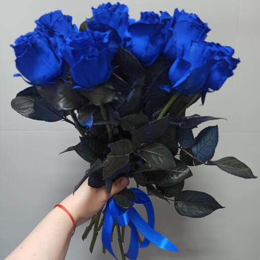 9 blue Ecuadorian roses under the ribbon