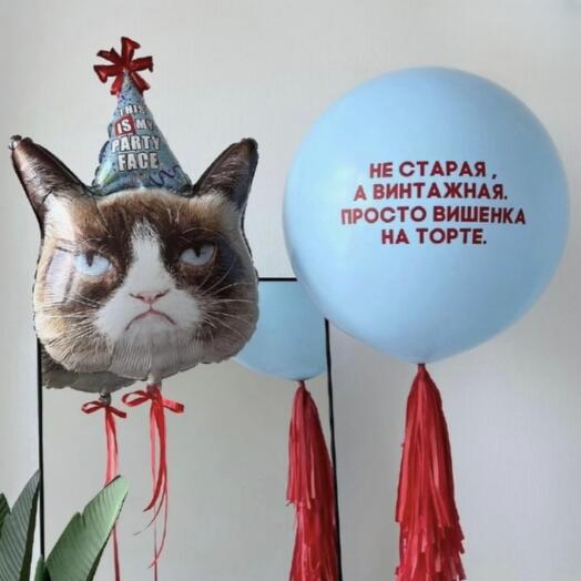 Набор шаров с надписью "Не старая, а винтажная. Просто вишенка на торте." Сердитая кошка и голубой гигант