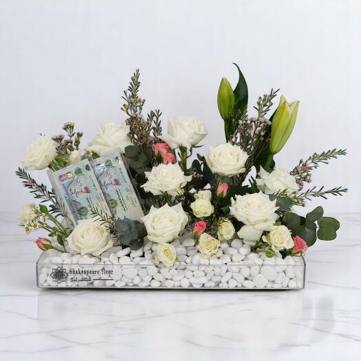 Elegant Money Flower Stand for Happy Occasions – White Roses, Lilies Cash Gift Display