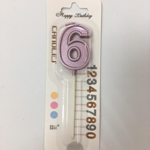 Свеча розовая для торта цифра 6 (5см)