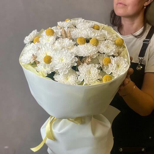 Белые хризантемы с краспедией