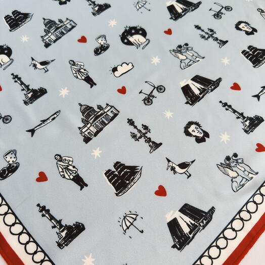 Шелковый платок «Символы Петербурга» 45х45, голубой